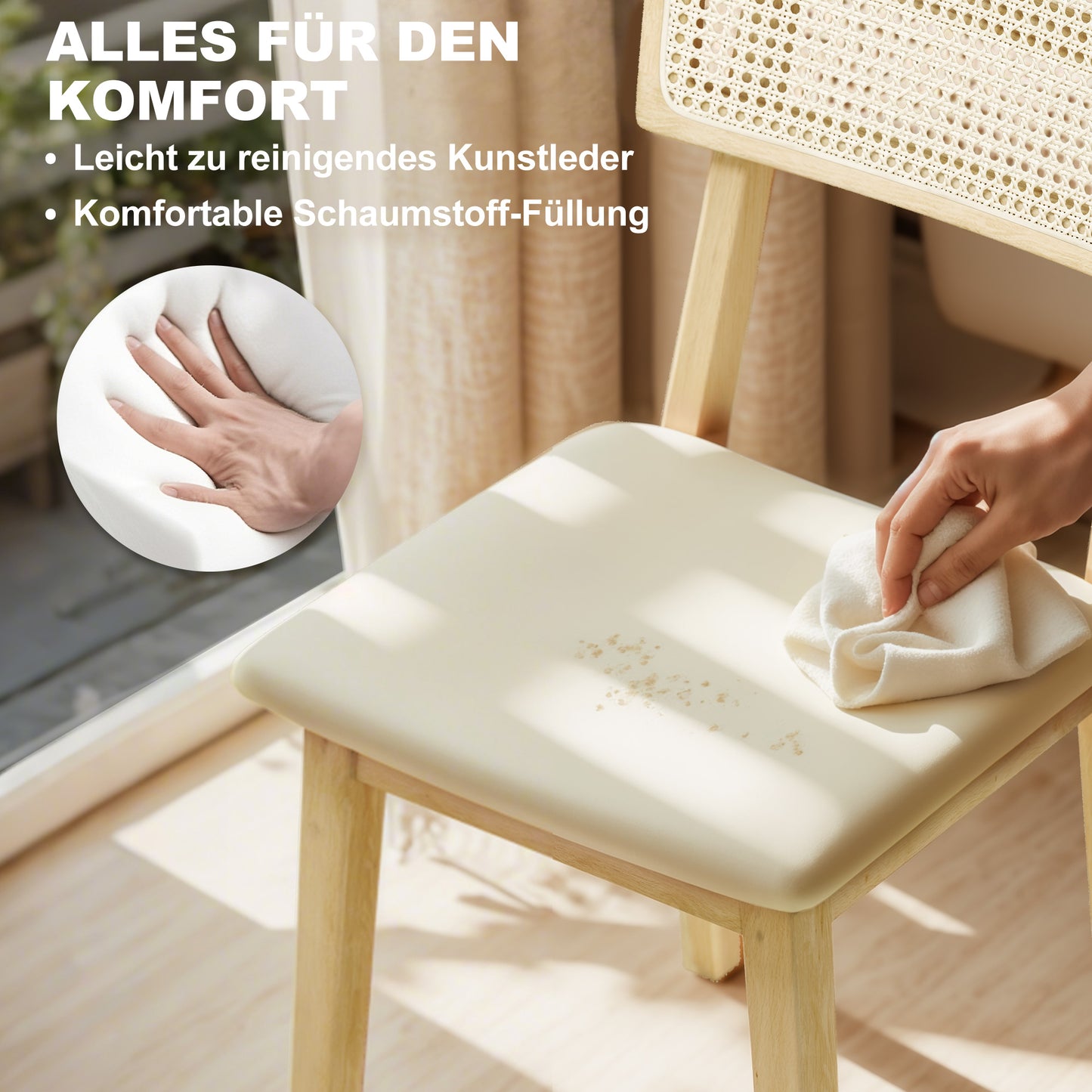 HOMCOM Esszimmerstuhl, Rattan-Rückenlehne, Kunstleder-Sitz, Kautschukholz, Naturholz