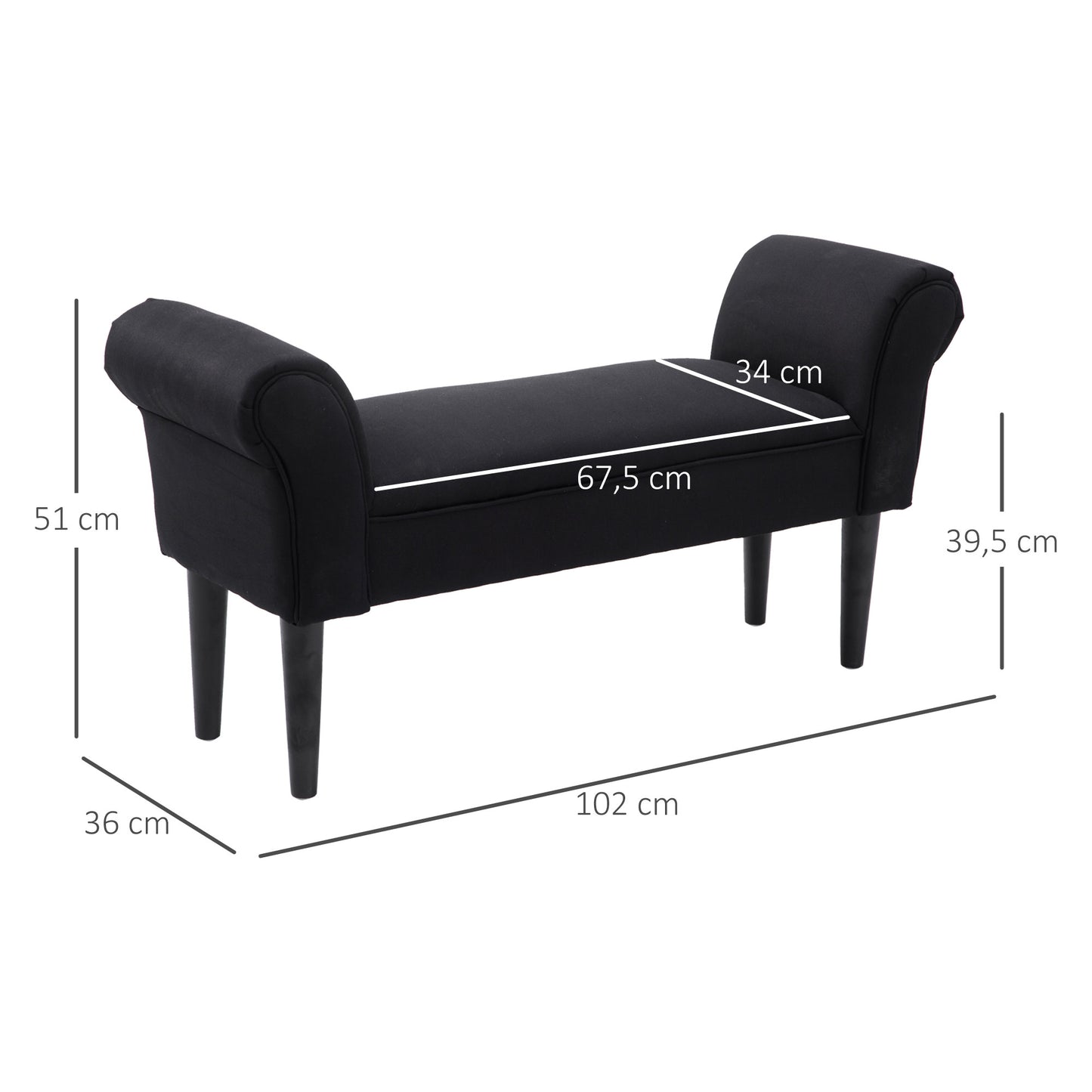 HOMCOM Sitzbank, Bettbank, zeitloses Design, weiche Polsterung, bis 130 kg, schwarz, 102 x 36 x 51 cm