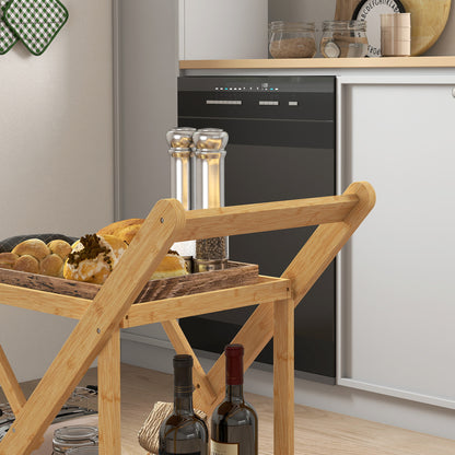 HOMCOM Küchenwagen auf Rädern, Servierwagen mit 3 Weinregalen, 2 Tabletts, für Küche, Esszimmer, Bambusholz, Hellbraun