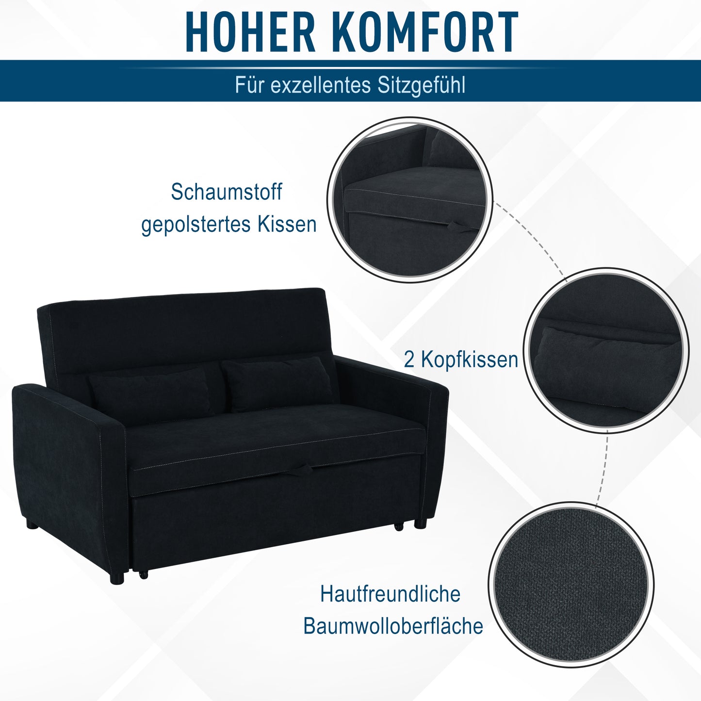 HOMCOM 2-Sitzer Sofa mit Bettfunktion, Verstellbarer Rückenlehne, Polstersofa, Samtoptik, für Wohnzimmer, Schlafzimmer, Schwarz