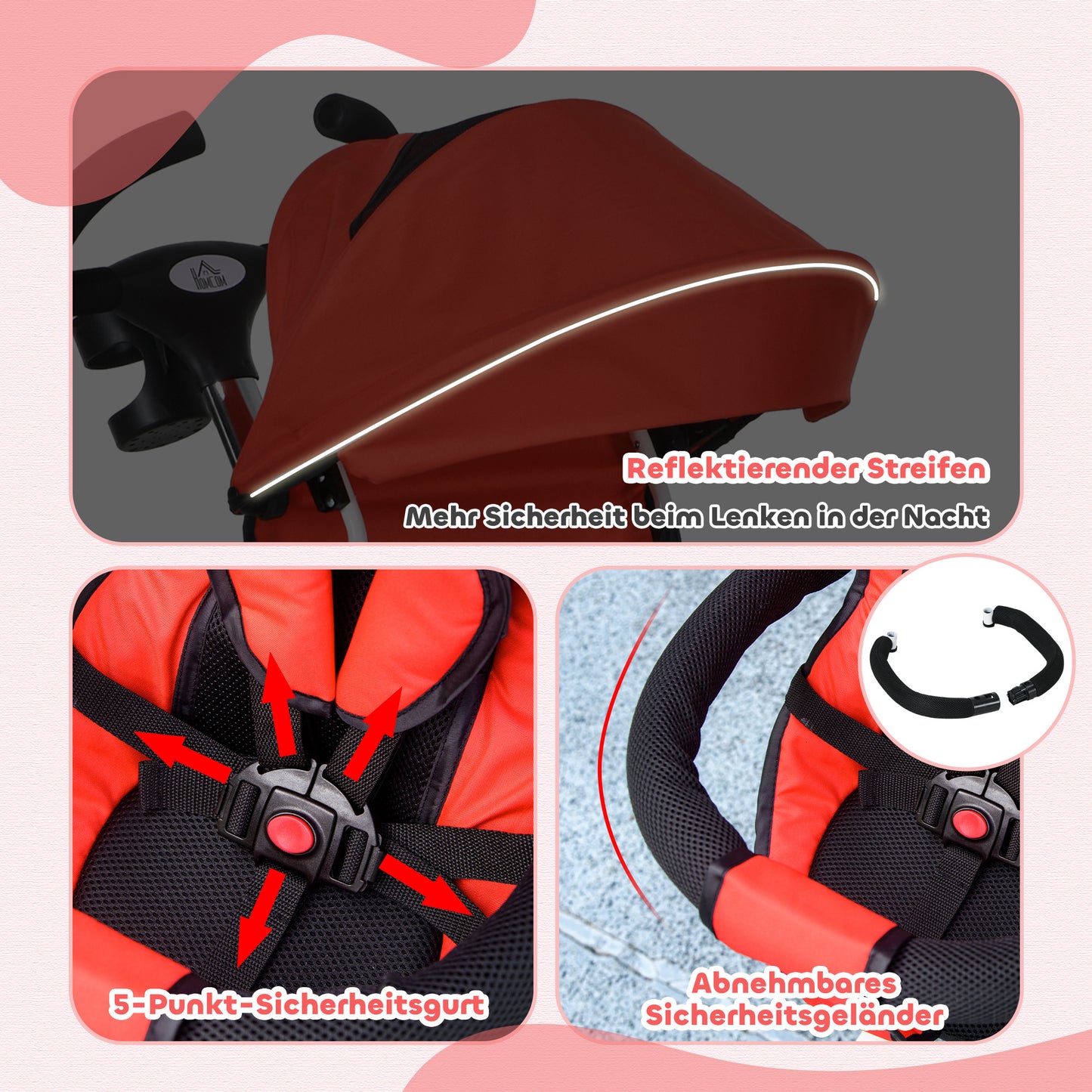 HOMCOM 6-in-1 Kinderdreirad mit Schiebestange, Dach, Gurt, Ablagekorb, 18+ Monate, Rot