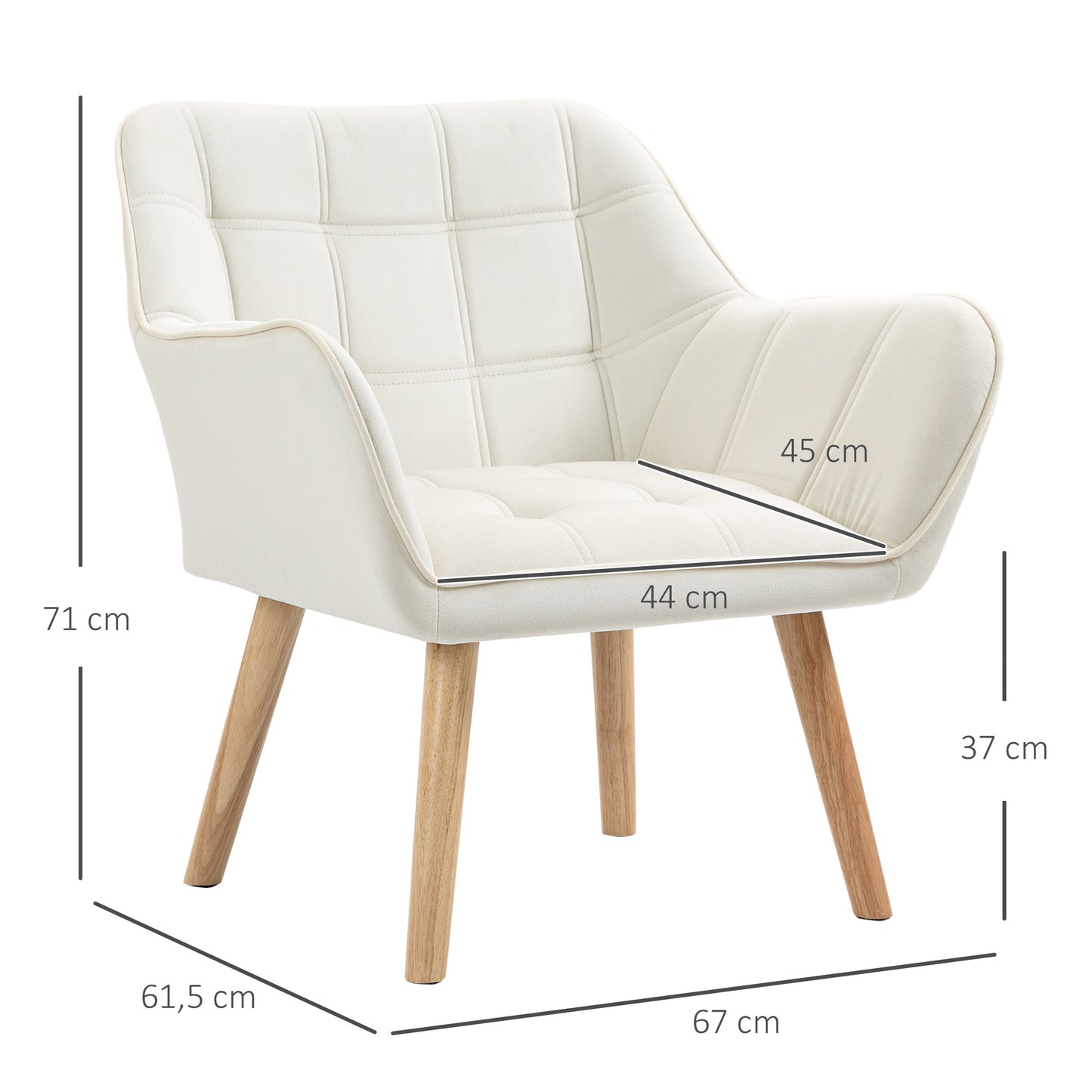 HOMCOM Polstersessel, Akzentsessel, Skandi Design, Samtoptik, bis 120 kg, Kautschukholzbeine, Creme