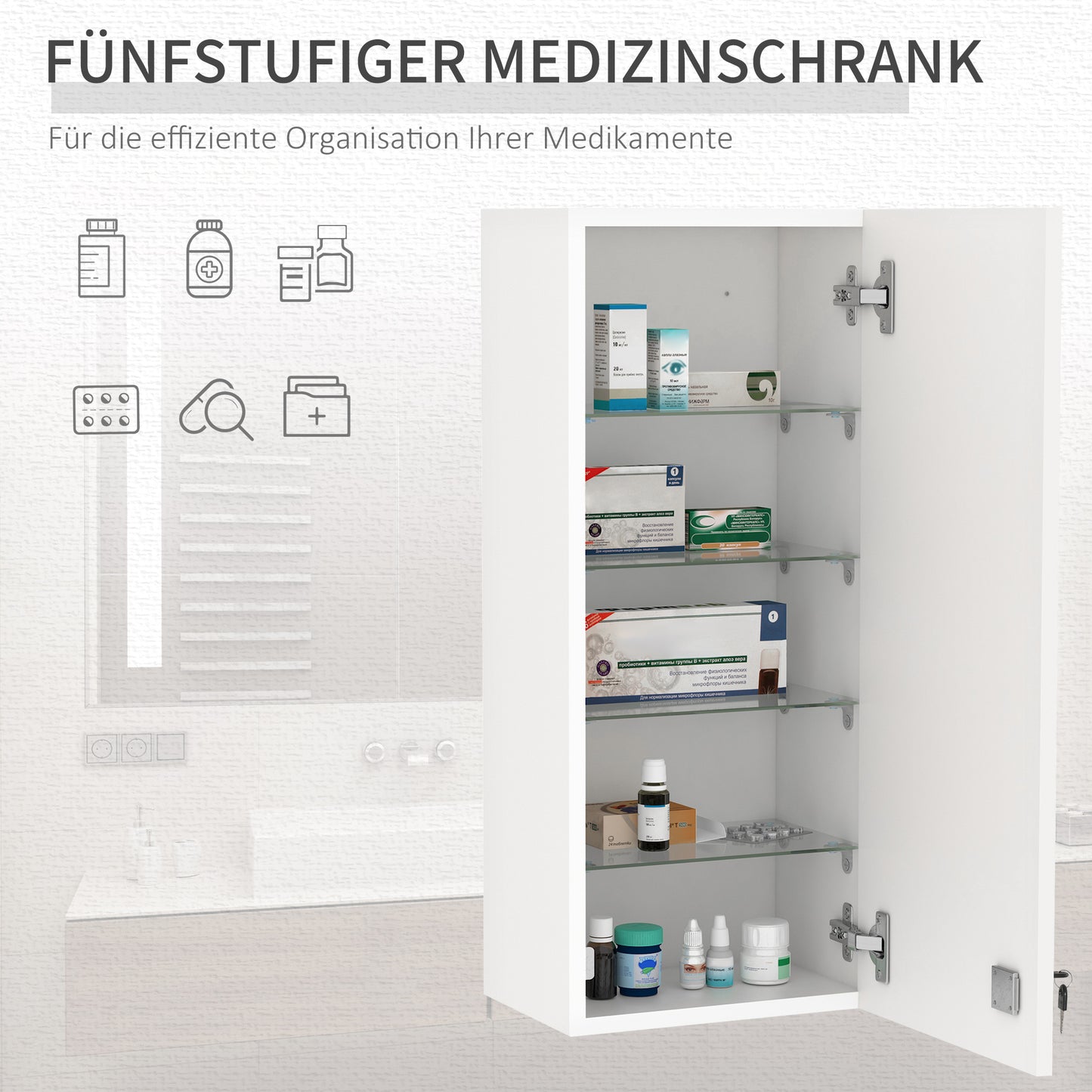 Kleankin Medizinschrank Arzneischrank Wandschrank Hängeschrank mit verstellbarer Ablage Erste-Hilfe-Kreuz abschließbar für Badezimmer Küche Flur Weiß 30x20x70 cm