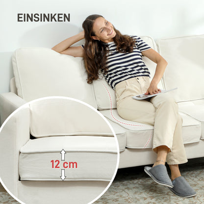 HOMCOM 3-Sitzer-Sofa mit dicken Kissen, Kautschukholz, Stoffbezug, Polstersofa für Wohnzimmer, Büro, Schlafzimmer, Cremeweiß