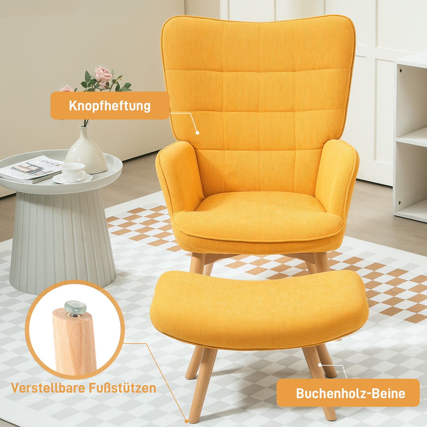 HOMCOM Akzentsessel mit Hocker, Relaxsessel in Cord-Optik, Armlehnstuhl mit Holzbeinen, für Wohnzimmer, Orange