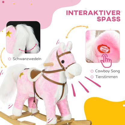 HOMCOM Schaukelpferd, Sattel mit Steigbügeln, Soundeffekte, Musik, Plüschkörper, Metallrahmen, bis 30 kg, pink