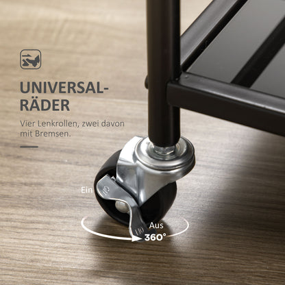 HOMCOM Küchenwagen mit 4 Rollen, 2 Ablagen und Griffen, 75 cm x 40 cm x 80 cm, Schwarz