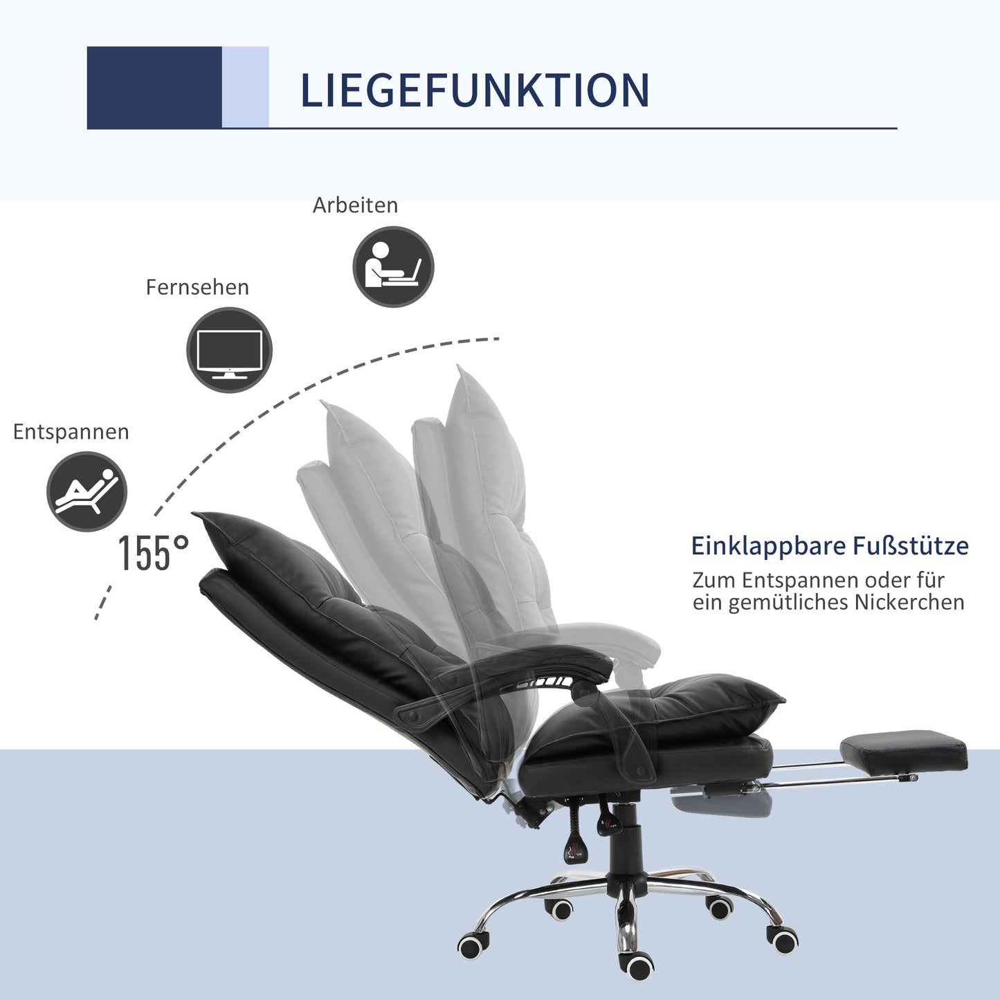 Vinsetto Bürostuhl Ergonomischer Schreibtischstuhl mit Armlehne, Fußstütze, Höhenverstellbarer Drehstuhl aus Kunstleder, Gepolstert Computerstuhl, Schwarz