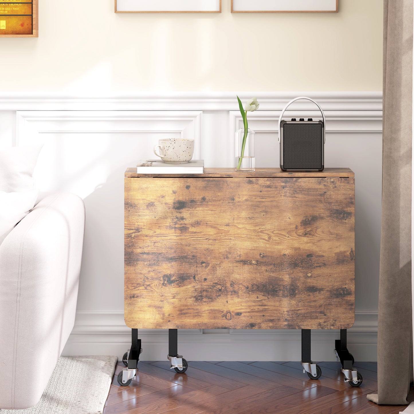 HOMCOM Klappbarer Esstisch, für bis zu 6 Personen geeignet, mit 6 Rollen und Bremsen, für kleine Räume, Braun