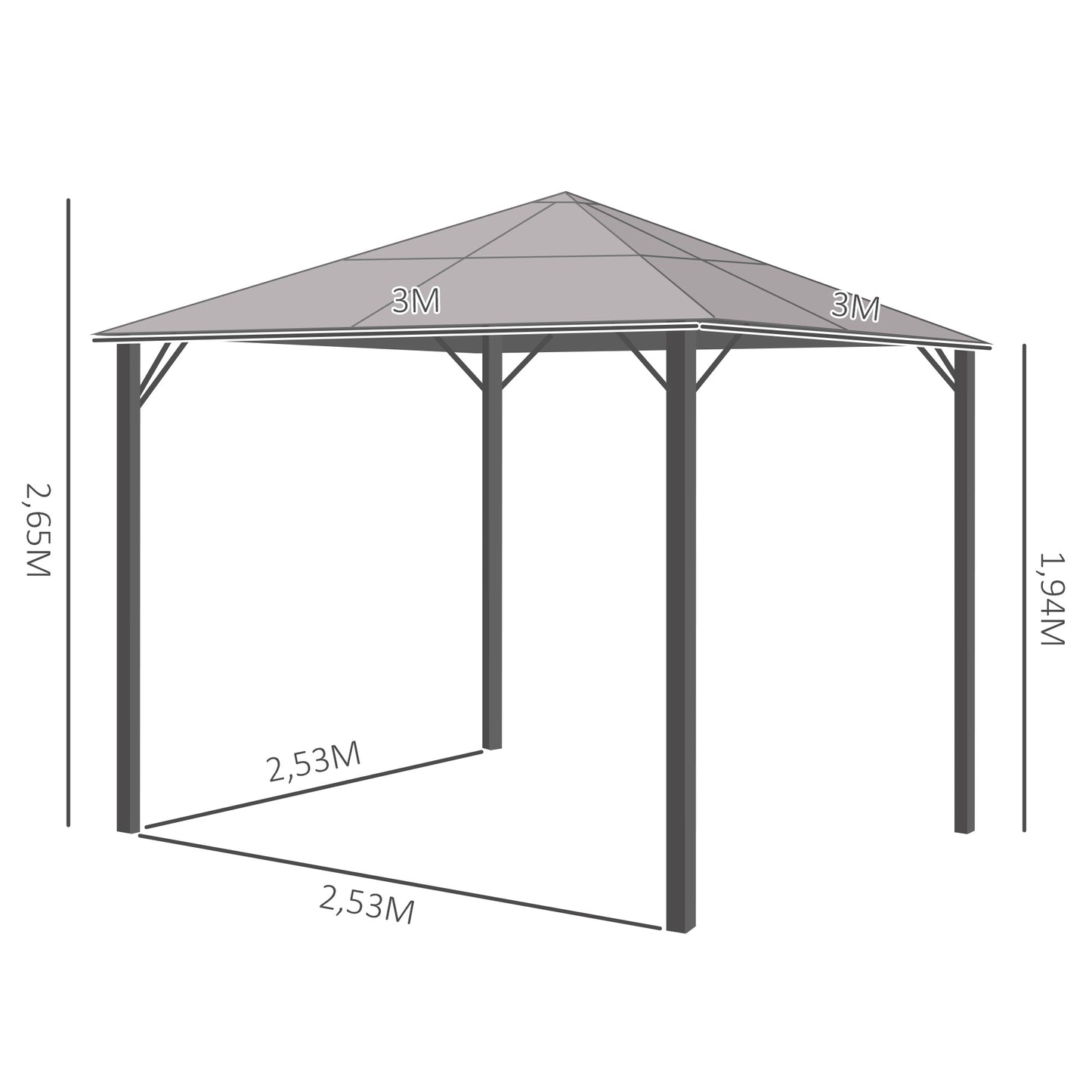 Outsunny Pavillon mit Polycarbonatdach, Vorhänge mit Fliegennetz, Alugestell, dunkelgrau, 3 x 3 m
