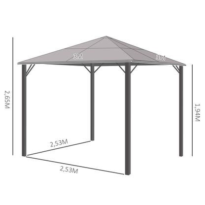Outsunny Pavillon mit Polycarbonatdach, Vorhänge mit Fliegennetz, Alugestell, dunkelgrau, 3 x 3 m