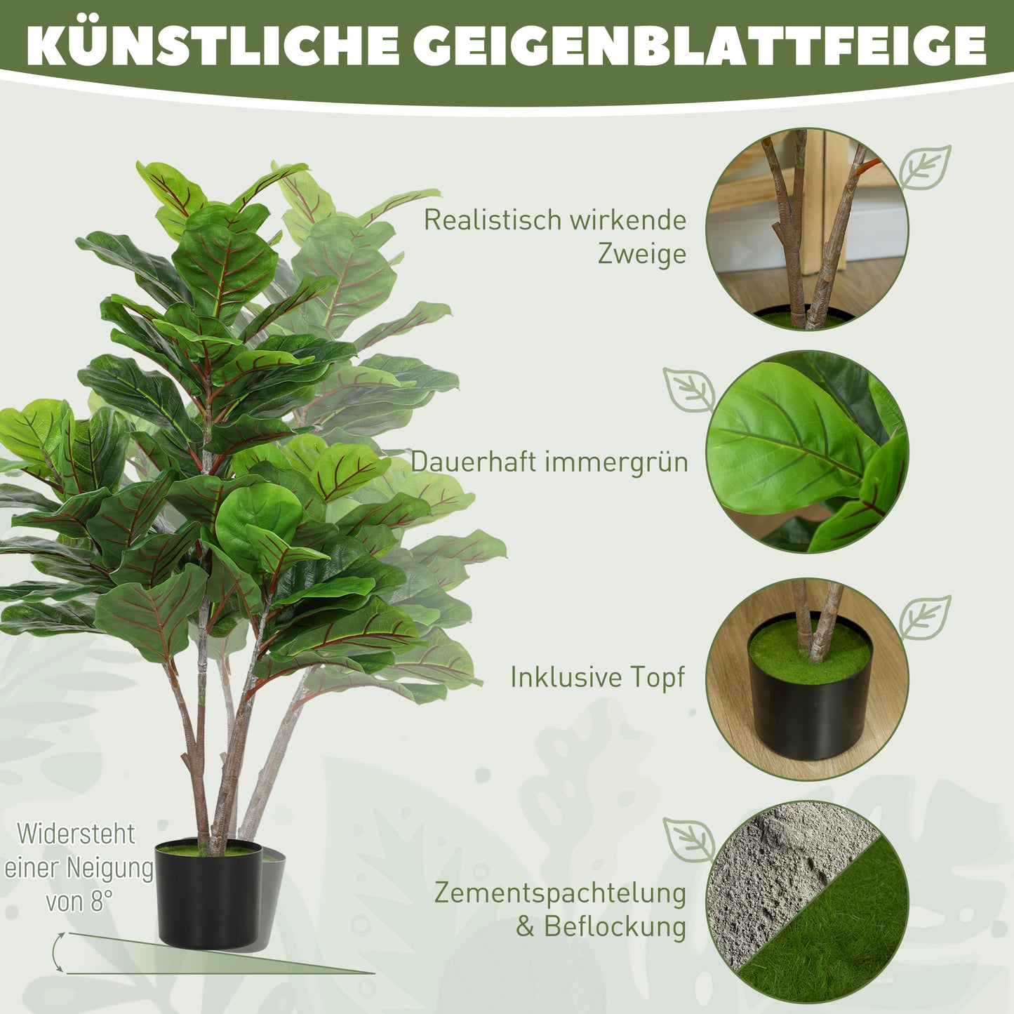HOMCOM Künstliche Geigen-Feigenbaum 110cm Kunstpflanze, Plastik Künstliche Pflanzen im Topf, Dekoration Geschenk