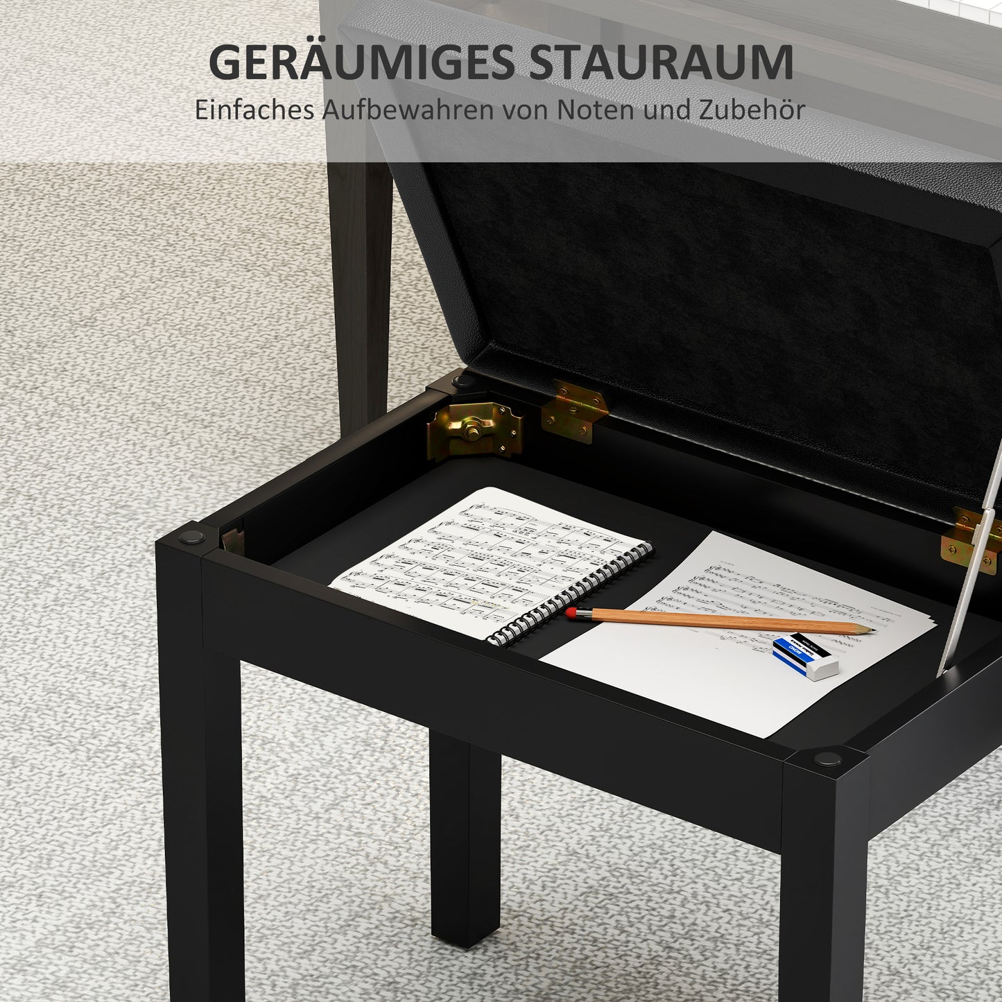 HOMCOM Klavierbank, Kunstlederbezug, gesteppte Knöpfe, Stauraum, Holzbeine, Schwarz