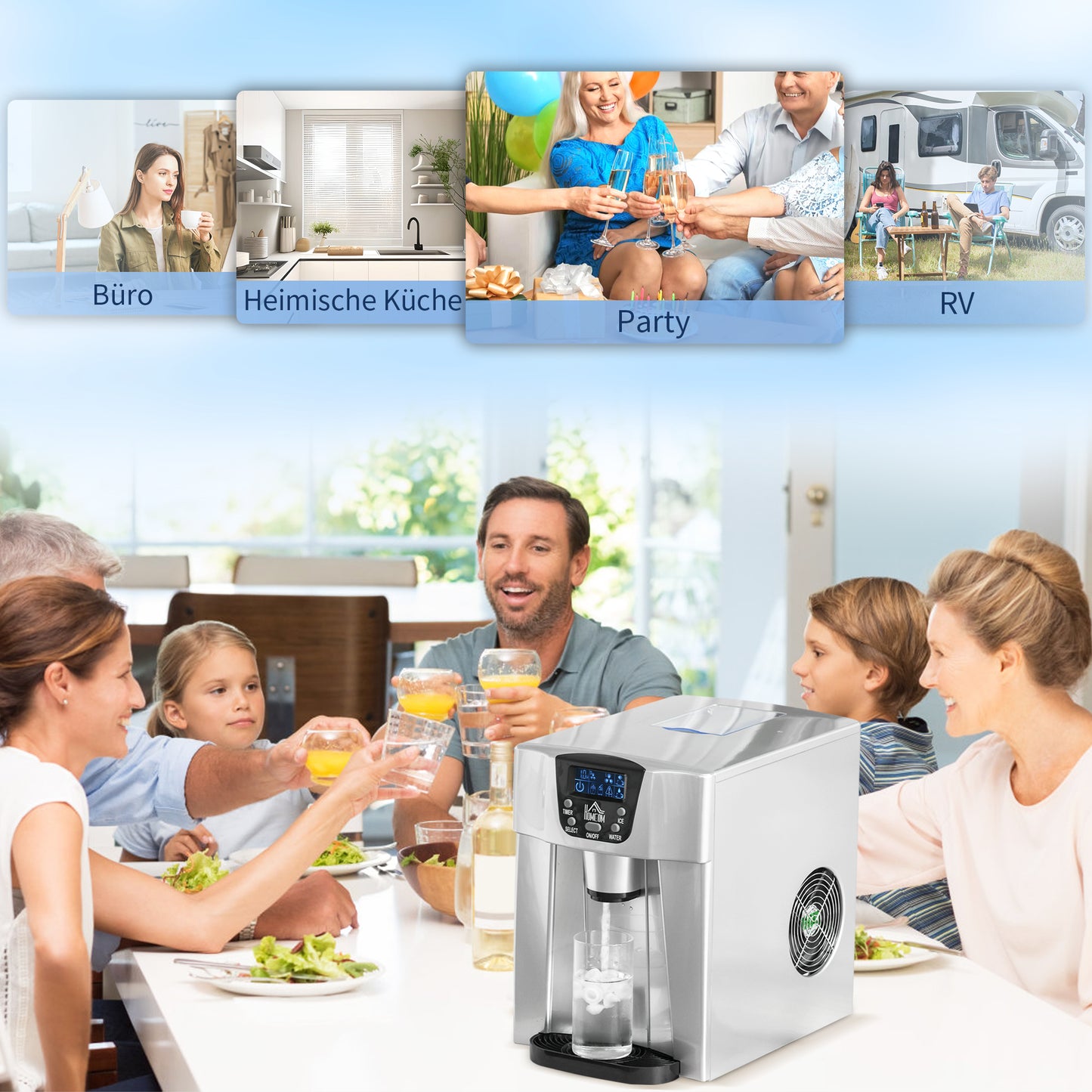HOMCOM Eiswürfelmaschine Eiswürfelbereiter Ice-Maker, Timer-Funktion, 1,2 L Wassertank, Silber