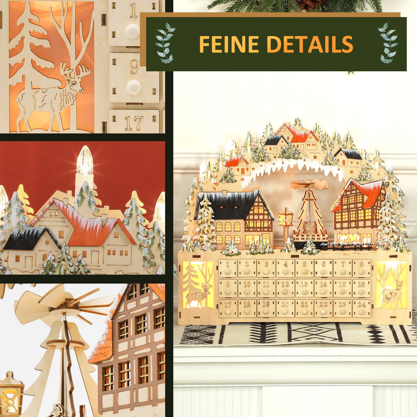 HOMCOM Adventskalender, Weihnachtsdorf, 18 LEDs, 24 Schubladen, wiederverwendbar, 45 x 9 x 42,5 cm