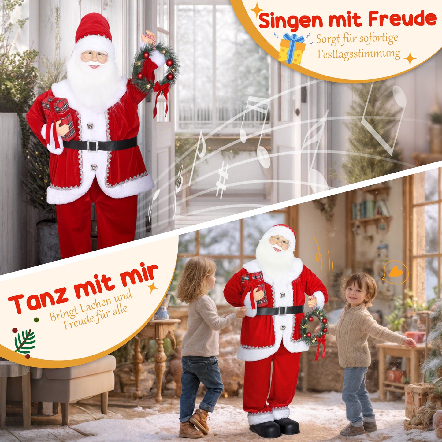 HOMCOM Weihnachtsmann, Weihnachts-Dekoration, 120 cm, biegsame Arme, mit Geschenk & Weihnachtskranz, Geräuschaktivierung, Rot