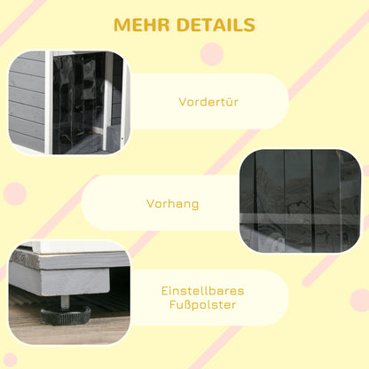 PawHut Hundehütte aus Massivholz, mit 2 Fressnäpfen, Veranda, wetterbeständig, 103 cm x 62 cm x 66 cm, Grau + Weiß