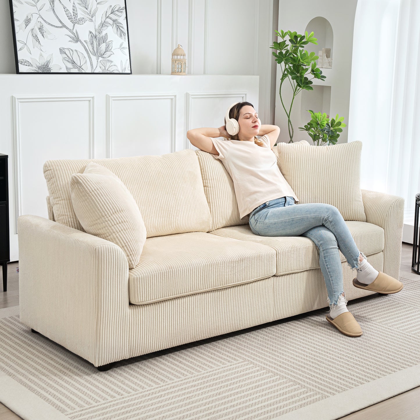 HOMCOM 3-Sitzer-Sofa mit Zierkissen, Cordsofa für Wohnzimmer, Schlafzimmer, 212 cm breit, Cremeweiß
