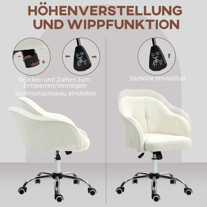 HOMCOM Homeoffice Stuhl, Ergonomisch Schreibtischstuhl mit Wippfunktion, Teddysamtoptik 56 x 61 x 86 cm Cremeweiß