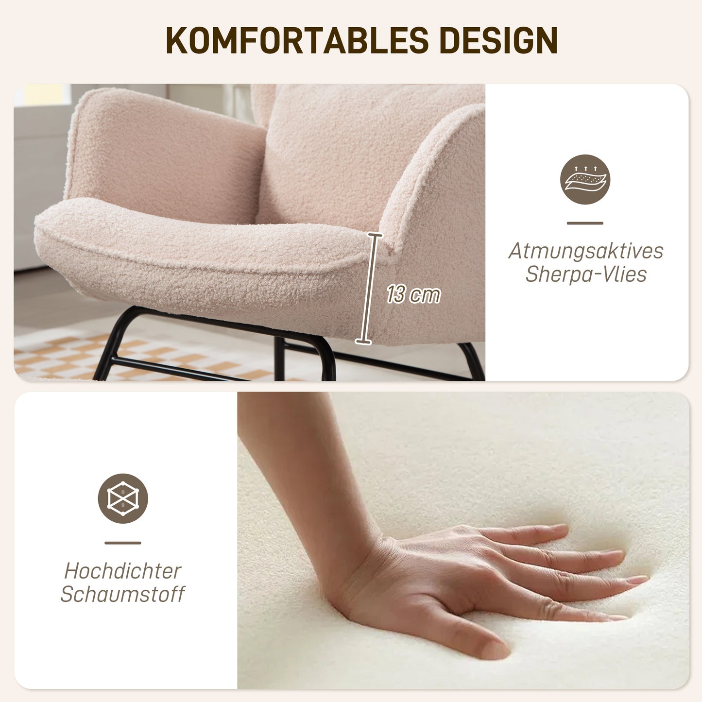 HOMCOM Schaukelstuhl mit Fußhocker, weicher Fleece-Bezug, Holzbeine, Kissen, hohe Rückenlehne, Schaukelsessel, Beige