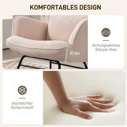 HOMCOM Schaukelstuhl mit Fußhocker, weicher Fleece-Bezug, Holzbeine, Kissen, hohe Rückenlehne, Schaukelsessel, Beige