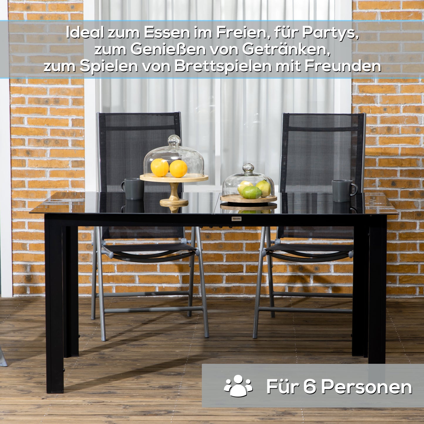 Outsunny Gartentisch für 6 Personen, wetterbeständig, gehärtetes Glas, Terrassentisch, 150 cm x 90 cm x 74 cm, Schwarz
