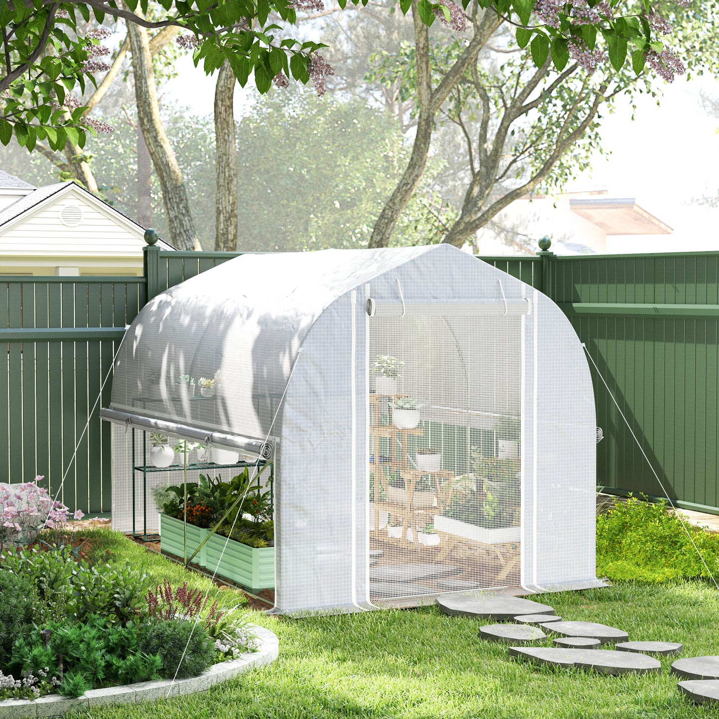 Outsunny 3 x 2 x 2 m Polytunnel-Gewächshaus mit aufrollbaren Seitenwänden, UV-beständiger Kunststoff-Plane und Stahlrahmen, Weiß