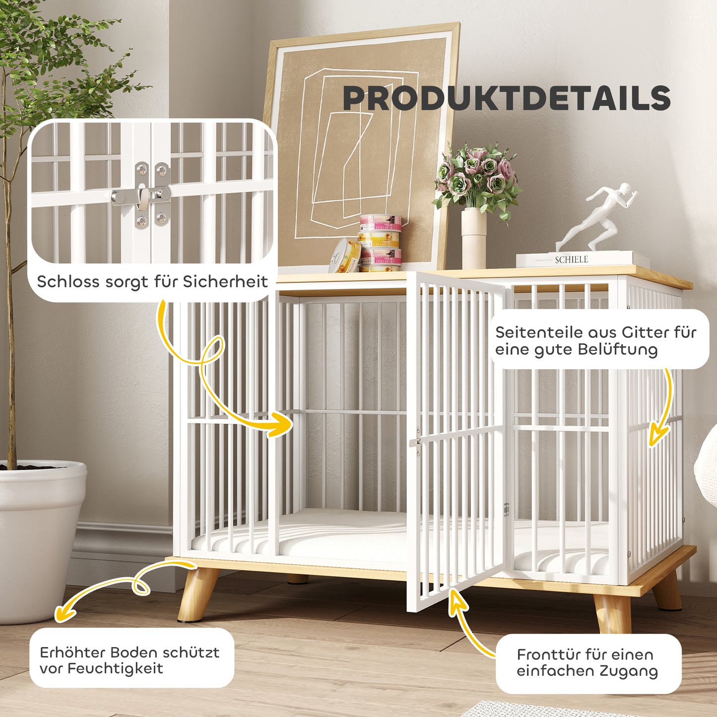 PawHut Hundebox mit Verriegelungstür, abnehmbares Kissen, gute Belüftung, Stahl, 86x60x70 cm, Weiß+Grau