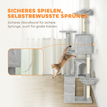 PawHut 160 cm Katzenkratzbaum, mehrere Ebenen, Sisal-Kratzpfosten, Höhlen, Plüsch-Plattformen, Hängematte, Leiter, Spielbälle