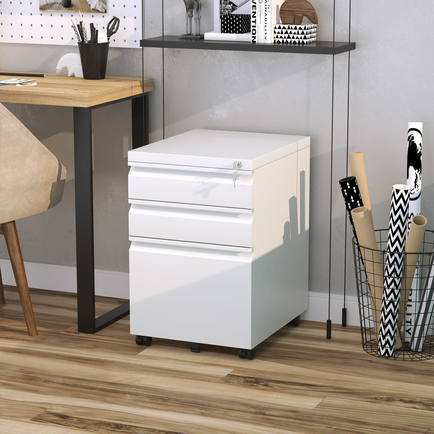 HOMCOM Rollcontainer mit 3 Schubladen mobiler Aktenschrank mit Rollen abschließbar Büroschrank mit konkavem Griff, Schubladenschrank für Büro, Homeoffice, 39 x 48 x 60 cm, Weiß