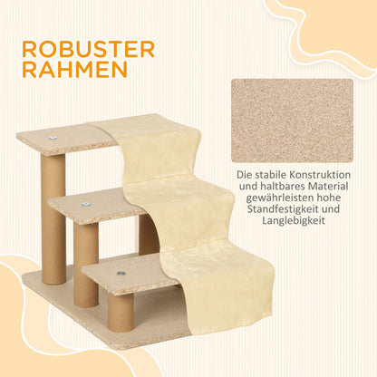 PawHut Faltbare Haustiertreppe, 3 Stufen, waschbarer Plüschbezug, Spanplatte, 46 x 35 x 35 cm, Beige