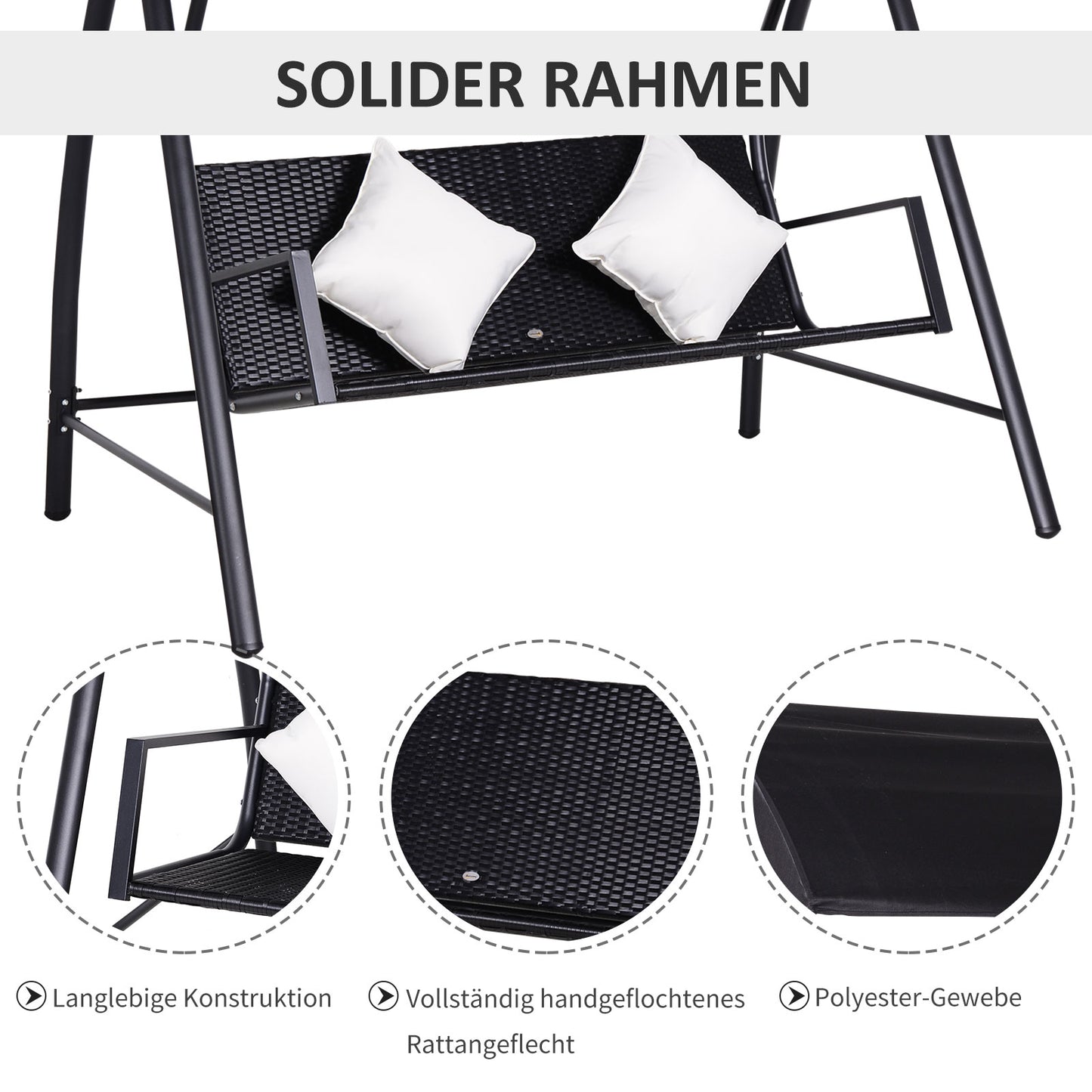 Outsunny 3-Sitzer Hollywoodschaukel Schaukel Polyrattan Metall mit Kissen belastbar bis 360kg Neu (Schwarz)