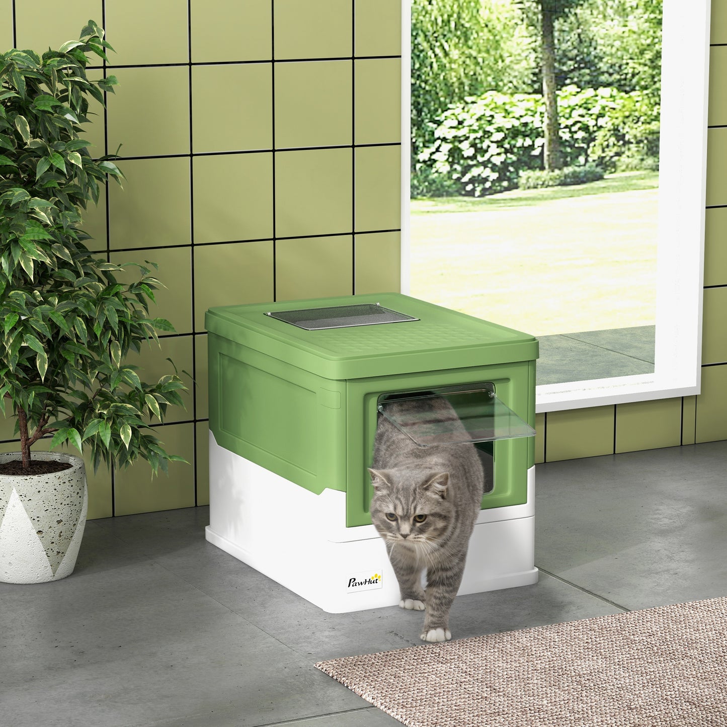 PawHut Katzentoilette, klappbar, 2 Türen, Streuschaufel, 47,5x35,5x36,7cm, Weiß/Grün