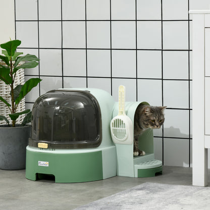 PawHut Katzentoilette, 2 herausziehbare Bodenwannen, 1 Schaufel, Streuauffangfach, abnehmbare Haube, Grün + Schwarz