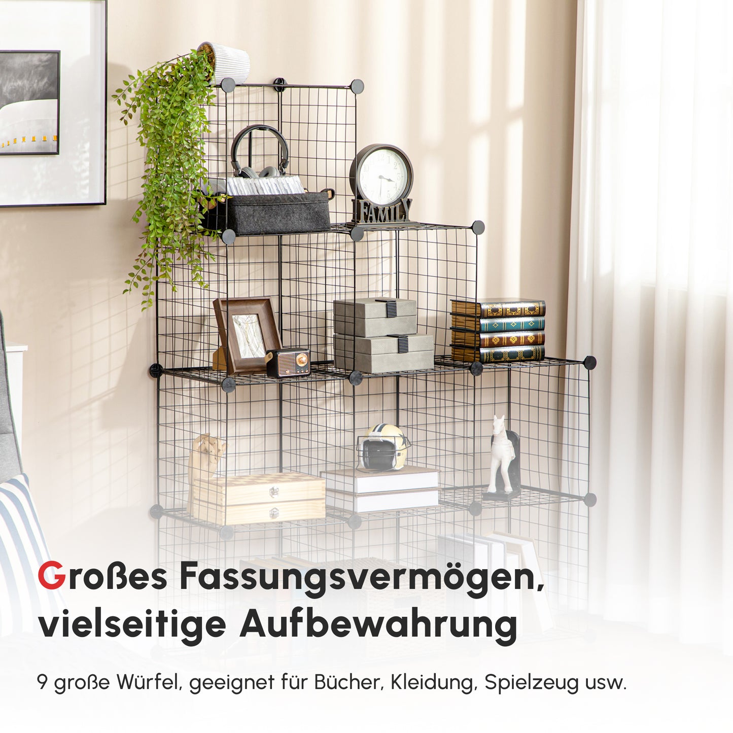 HOMCOM Steckregal, Würfelregal, Schuhregal, 9 Würfel, modularer Aufbau, Stahl, schwarz, 35 x 35 x 35 cm je Würfel