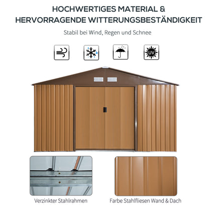Outsunny Stahl Gerätehaus 20m³ Geräteschuppen Gartenhaus Fahrradschuppen Garten Schuppen Braun 340 x 386 x 200 cm
