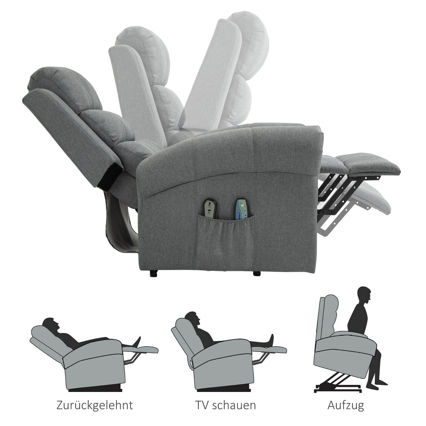 HOMCOM elektrischer Aufstehsessel Massagesessel mit Wärmefunktion Sessel mit Aufstehhilfe relaxsessel mit Fernbedienung Leinen Grau 90 x 91 x 106 cm