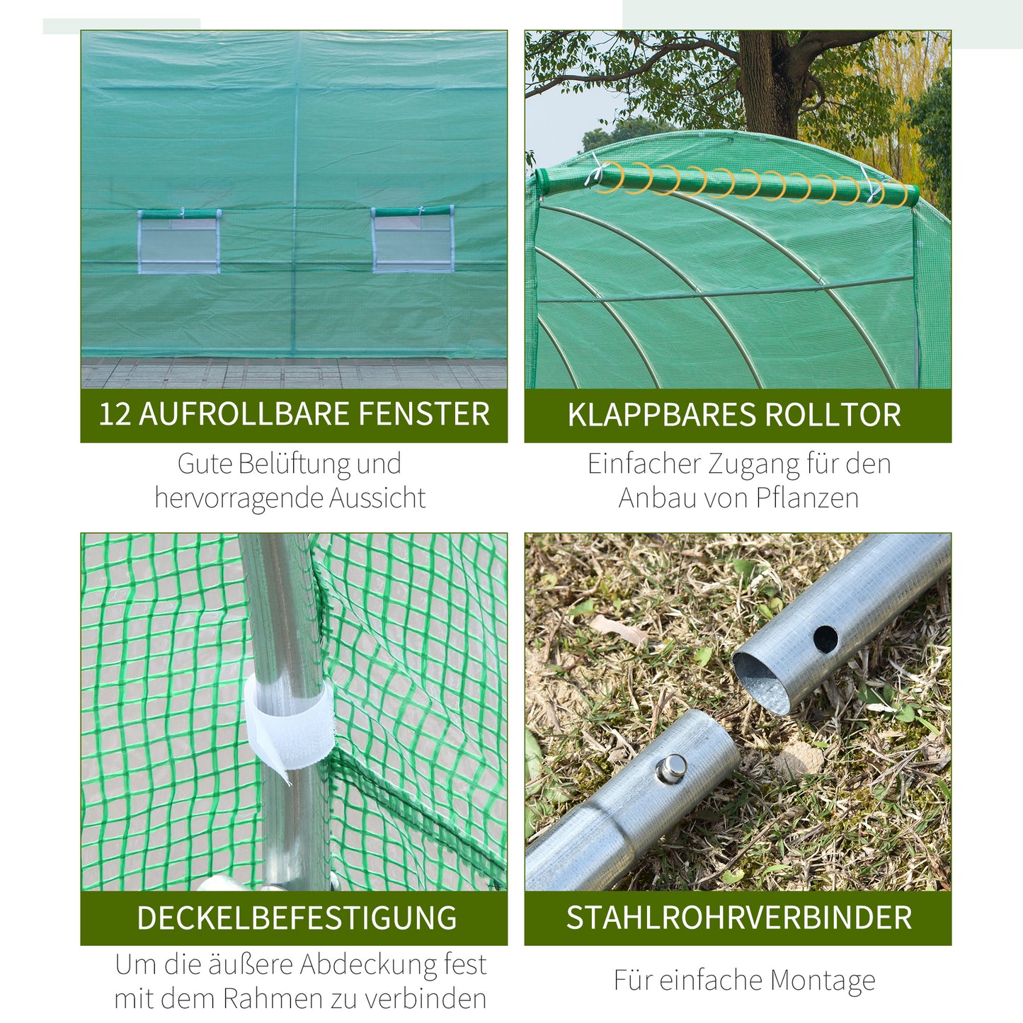 Outsunny Gewächshaus 800x300x200cm Foliengewächshaus Tomatenhaus mit Tür, 12 Fönster, Folientunnel aus verzinktem Stahl, PE, stabil Treibhaus Pflanztunnel, inkl. Erdanker &amp; Seilen, Grün
