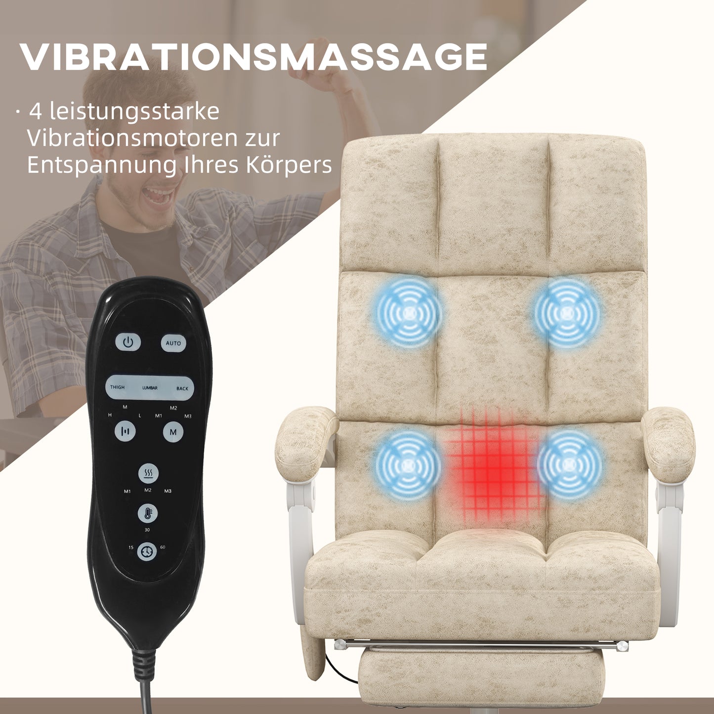 Vinsetto Bürostuhl mit Massage- & Wärmefunktion, Fußstütze, verstellbar, bis 120kg, Beige