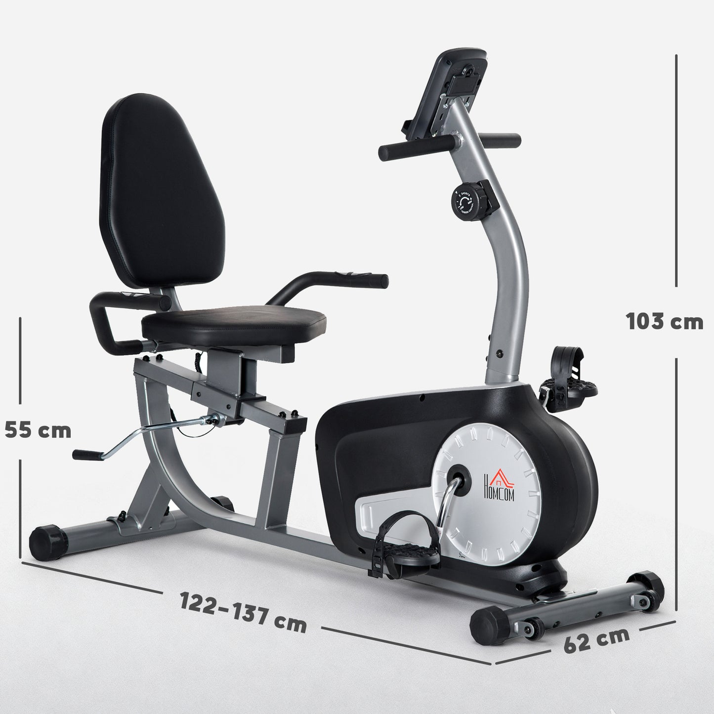 HOMCOM Radtrainer mit 8-stufigem Widerstand 122-137 x 62 x 103cm Stahl Grau+Schwarz+Silber