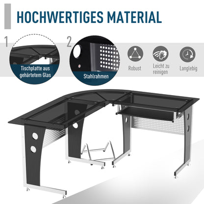 HOMCOM Computertisch Eckschreibtisch Schreibtisch Bürotisch PC Tisch mit schwarzem Sicherheitsglas L-förmig 164x139x75 cm