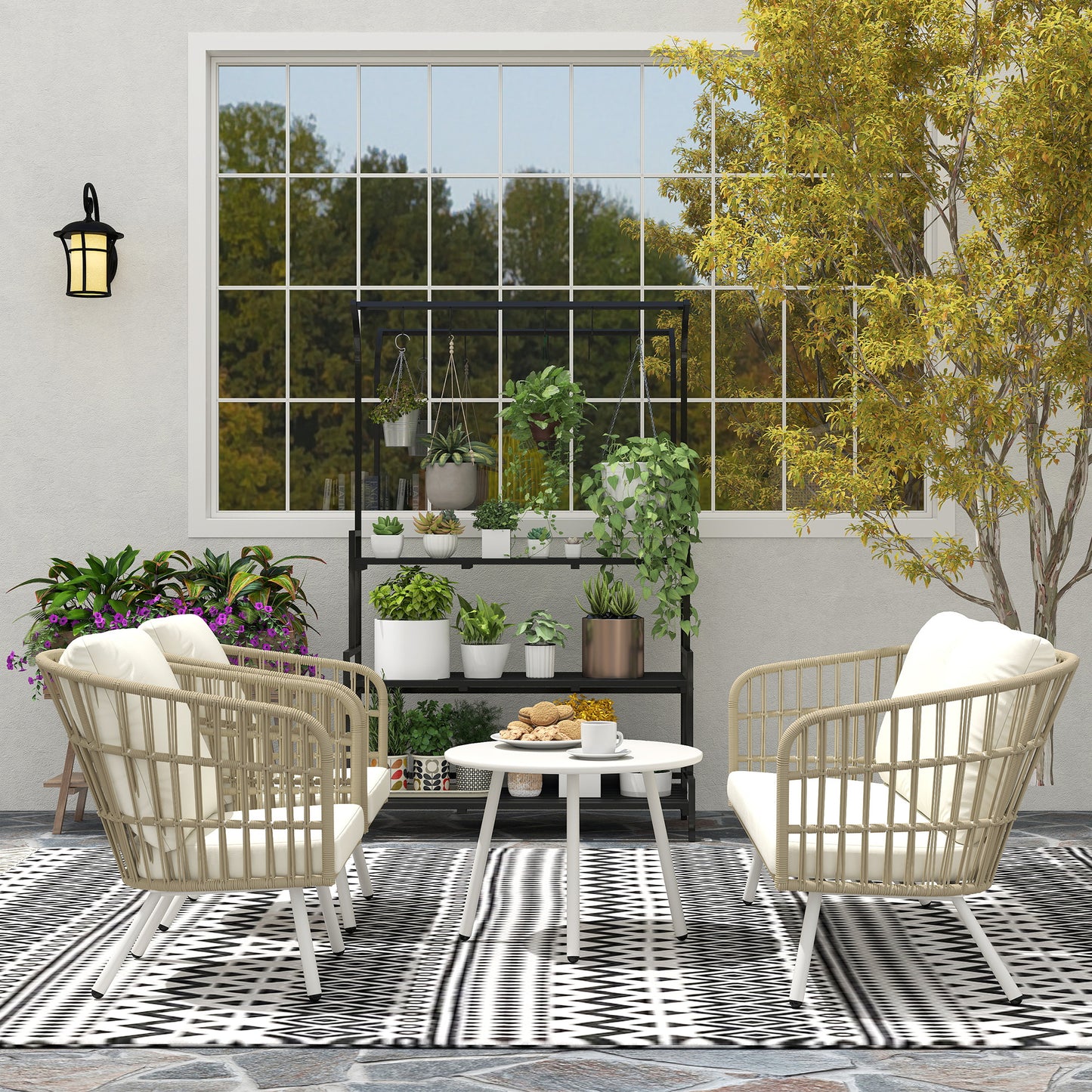 Outsunny Gartenmöbel Set aus Polyrattan Lounge-Set mit 2er Sofa Sessel Tisch Kissen wetterfest für 4 Personen Khaki