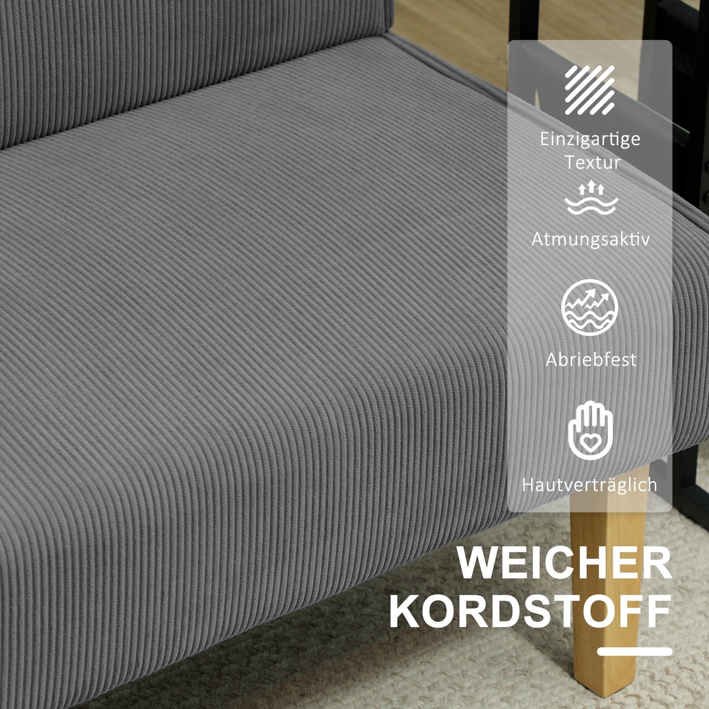 HOMCOM Zweisitzer-Sofa mit Cord-Bezug, dicker Polsterung und soliden Holzbeinen für Wohnzimmer, Schlafzimmer, Büro, Grau
