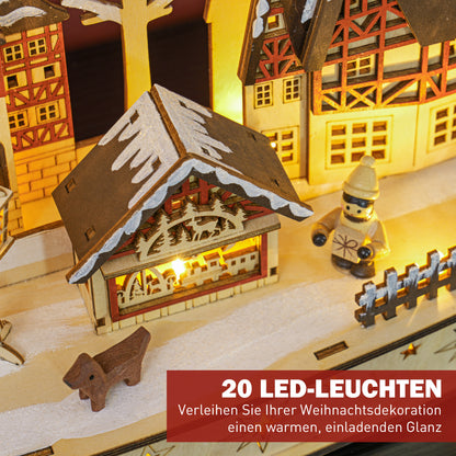 HOMCOM Weihnachtsdorf im Winterwunderland, 20 LED-Lichter, mehrschichtig, Naturholz, 45 x 12 x 30 cm