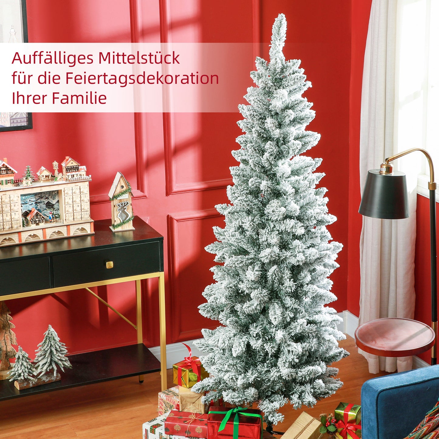 HOMCOM Künstlicher Weihnachtsbaum, schlanke Form, Kunstschnee, dreiteilig, flammhemmend, Metallfuß, 183 cm, Grün