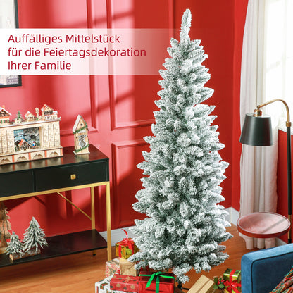 HOMCOM Künstlicher Weihnachtsbaum, schlanke Form, Kunstschnee, dreiteilig, flammhemmend, Metallfuß, 183 cm, Grün
