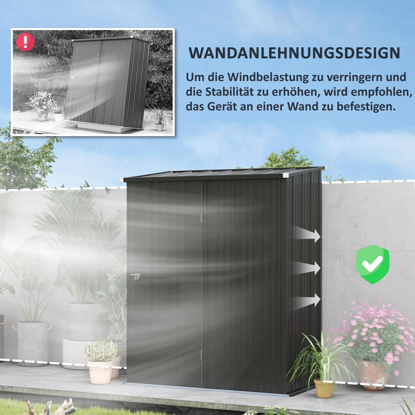 Outsunny Gartenschuppen Geräteschuppen, verschließbare Tür, wetterbeständig, inkl. Regale, 161,5 cm x 94,5 cm x 196 cm, Schwarz