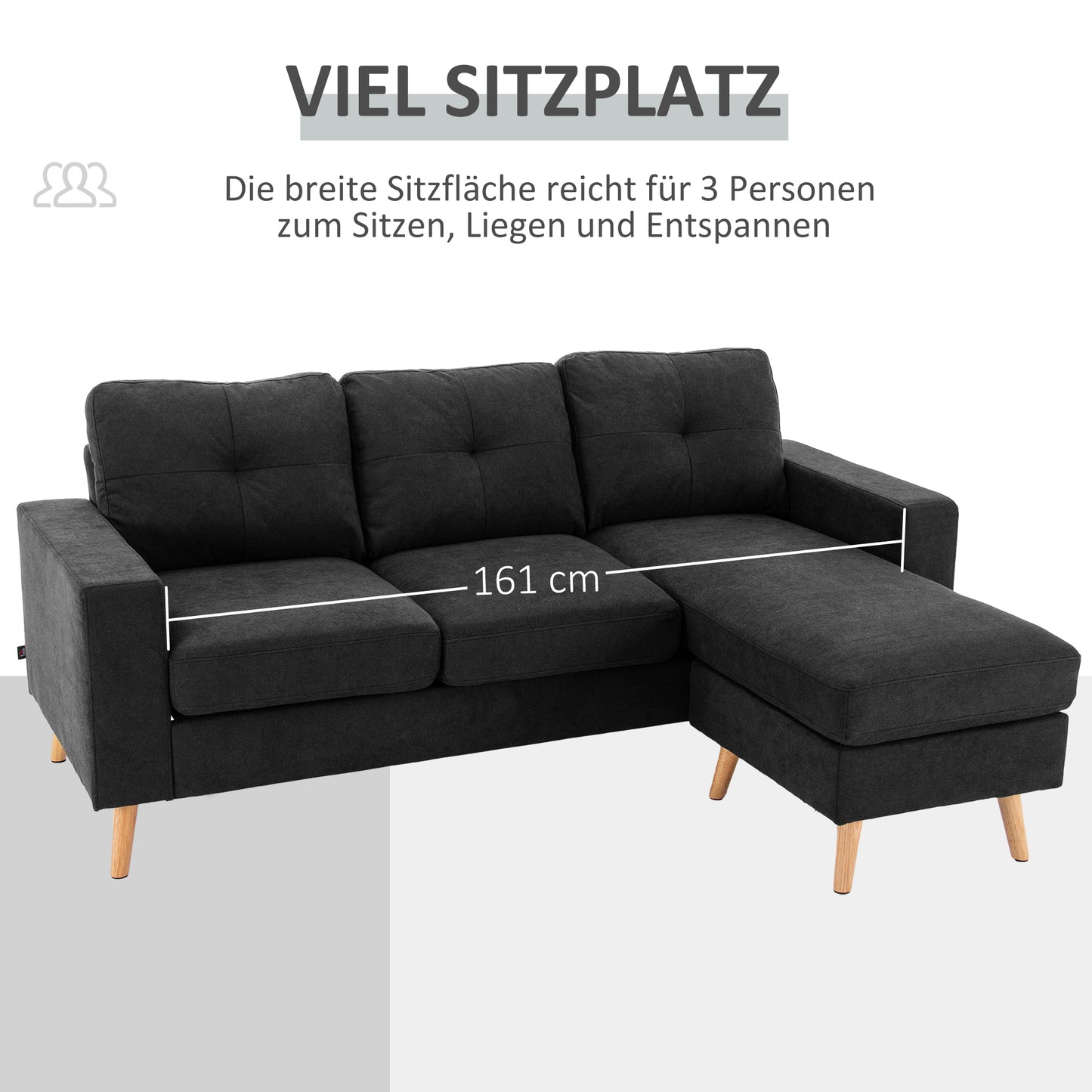 HOMCOM 3-Sitzer-Sofa Sofa Couch Ecksofa, mit Chaiselongue, Knopfheftung, 193 x136 x 85 cm, Schwarz