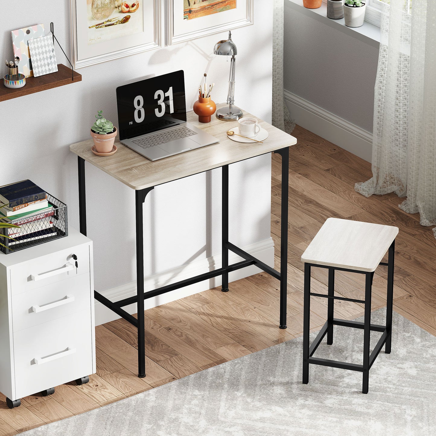 HOMCOM Bartisch Set Bartisch mit Barhocker-Set Esstisch mit 2 Stühlen mit Rutschfestem Fußpolster Naturholz