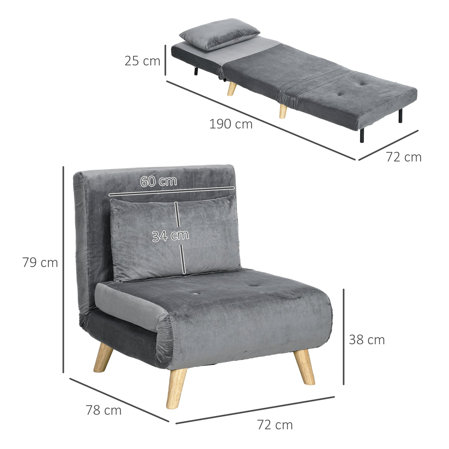 HOMCOM 2-in-1 Sessel, Relaxsessel, Gästebett, bis 150 kg, 72 cm x 78 cm x 79 cm, Grau